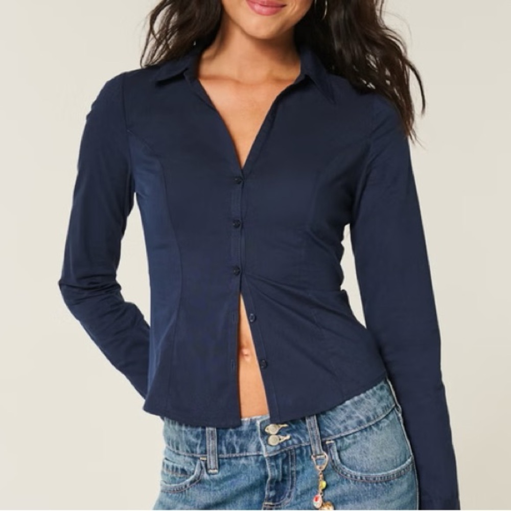 Navy Blue Hollister Women's Button-Up Top